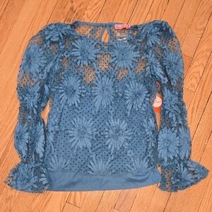 Anthropologie Eva Franco Turquoise Sheer Lace Floral Polka Dot Blouse Large NWT